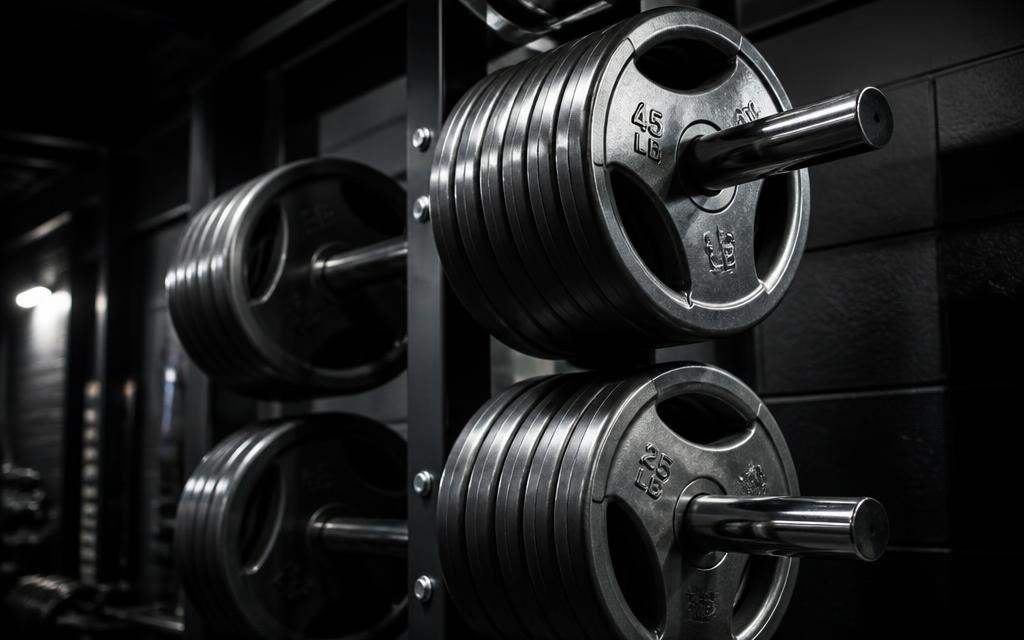 Barbell plates loaded on a rack